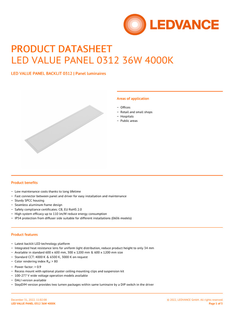 LED Value Panel 36W 4000K Datasheet | PDF | Electricity | Electrical ...
