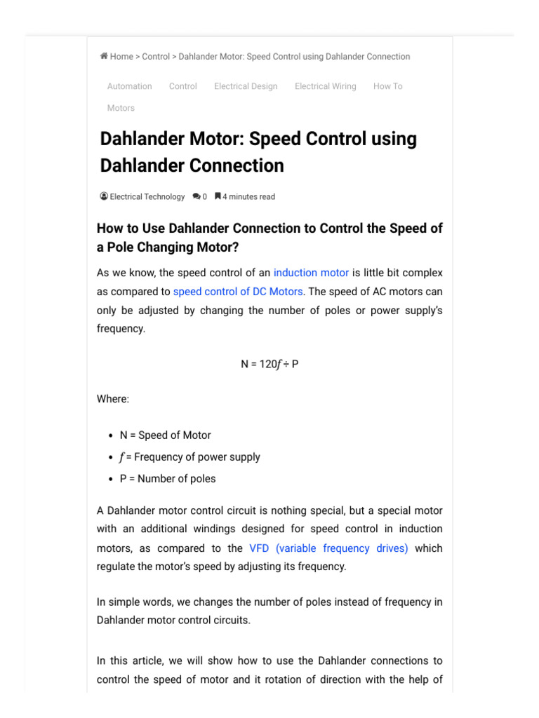 Dahlander Motor - Speed Control Using Dahlander Connection | PDF