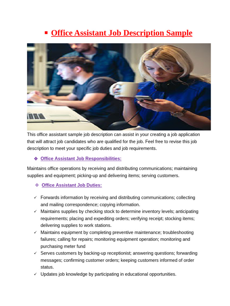 Office Assistant Job Description Guide | PDF | Secretary | Marketing