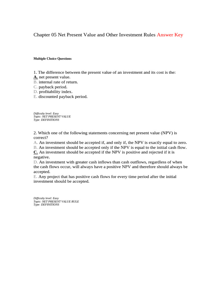 Chapter 05 Net Present Value and Other Investment | PDF | Net Present ...