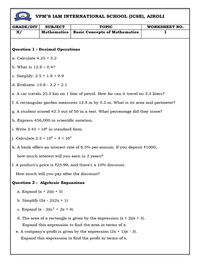 Math Worksheets for ICSE Grade X | PDF | Probability | Area
