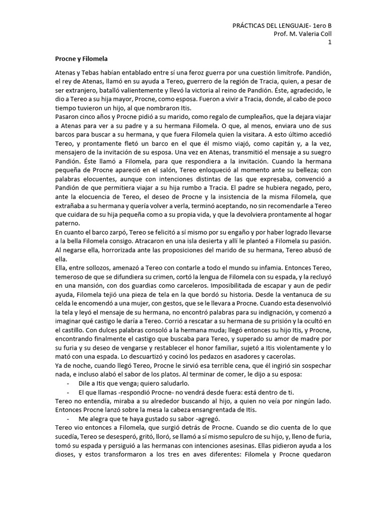 Procne y Filomela: Mito y Venganza | PDF
