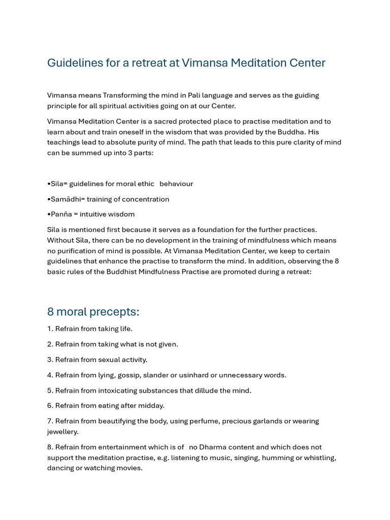 Retreat Guidelines at Vimansa Center | PDF | Meditation | Indian Philosophy