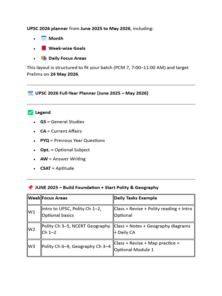 UPSC 2026 Study Planner Overview | PDF
