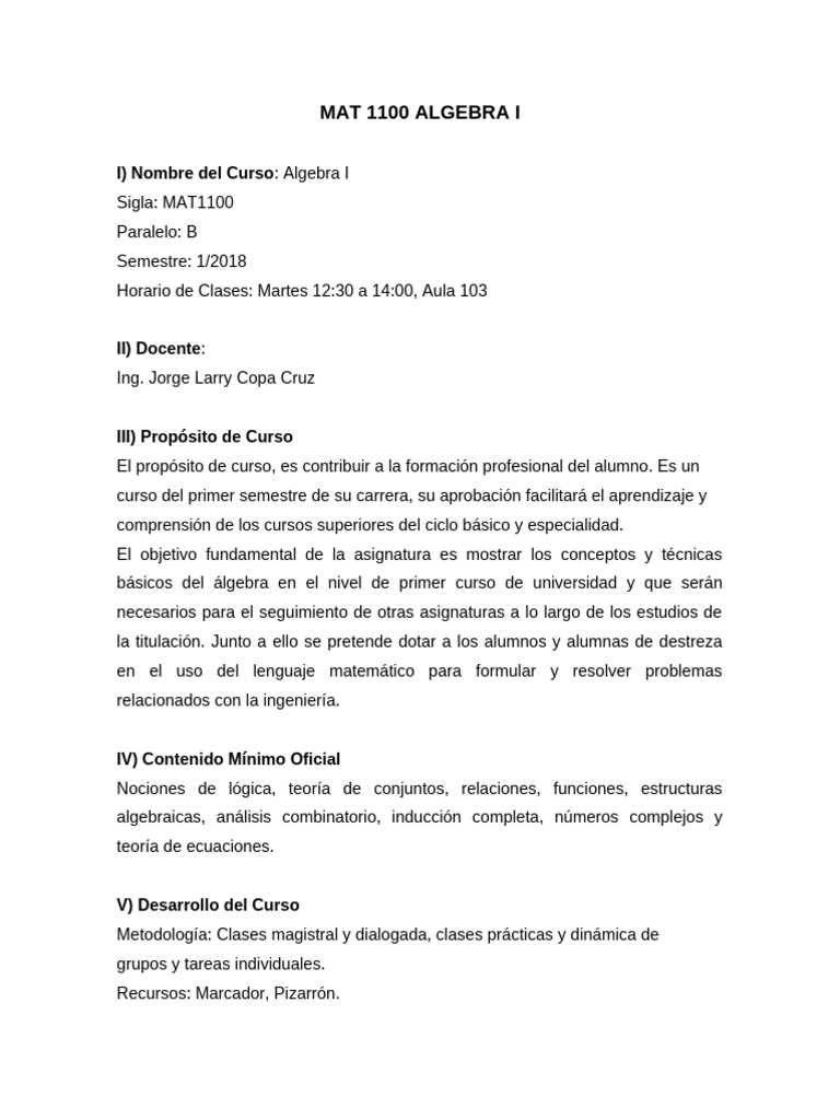 Informe del Curso Algebra I MAT 1100 | PDF | Número complejo | Álgebra