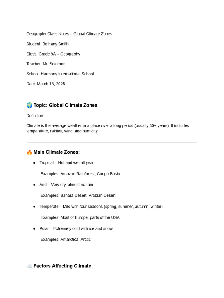 Grade 9 Geography: Climate Zones Notes | PDF
