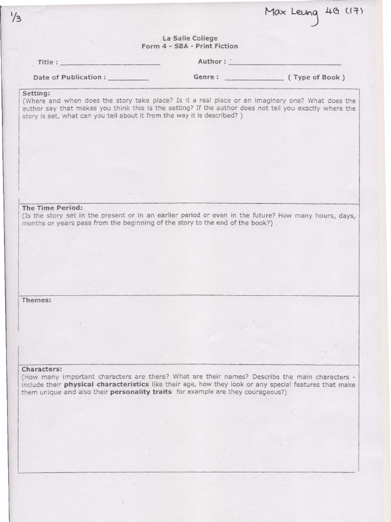 English SBA Book Report Format