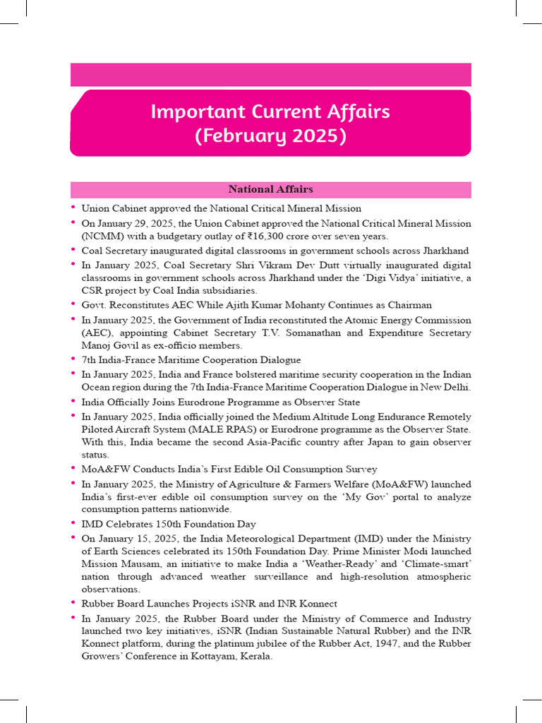 Important Current Affairs (February 2025) | PDF | Reserve Bank Of India
