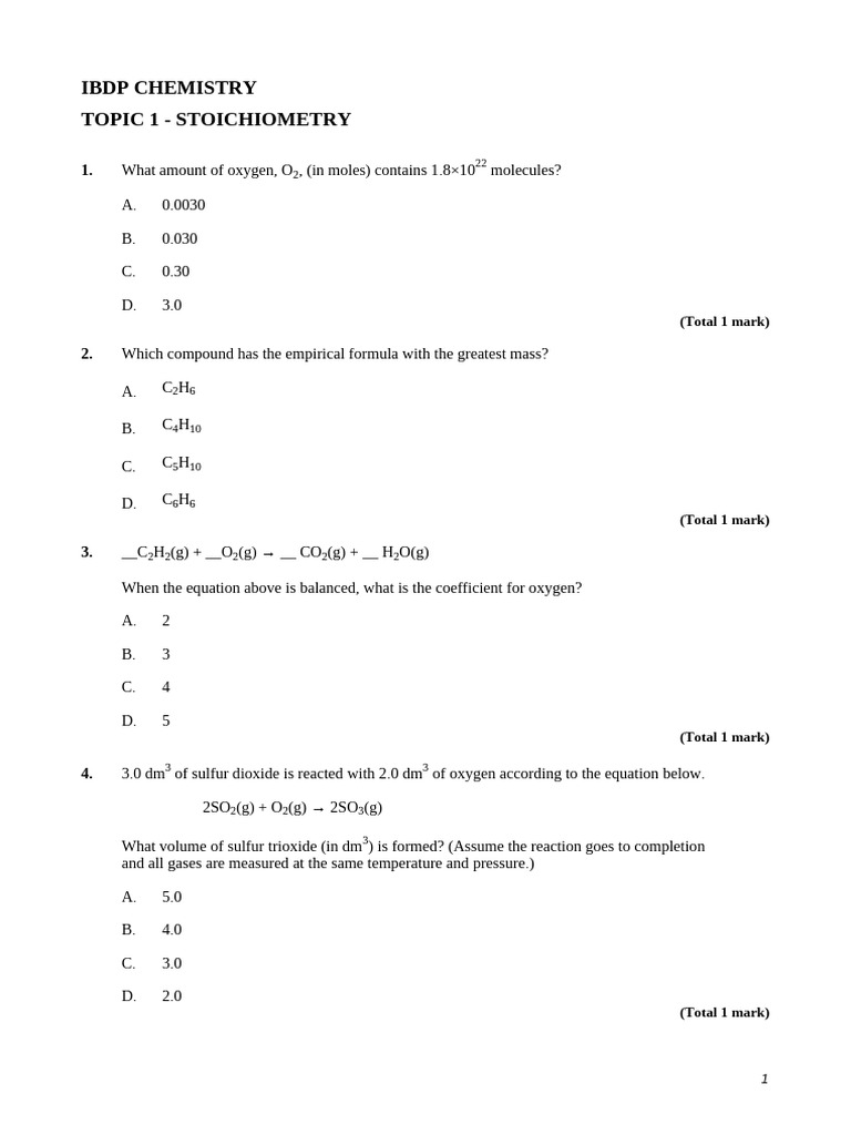 IB Topic 1 - Stoichiometry | PDF | Mole (Unit) | Oxide