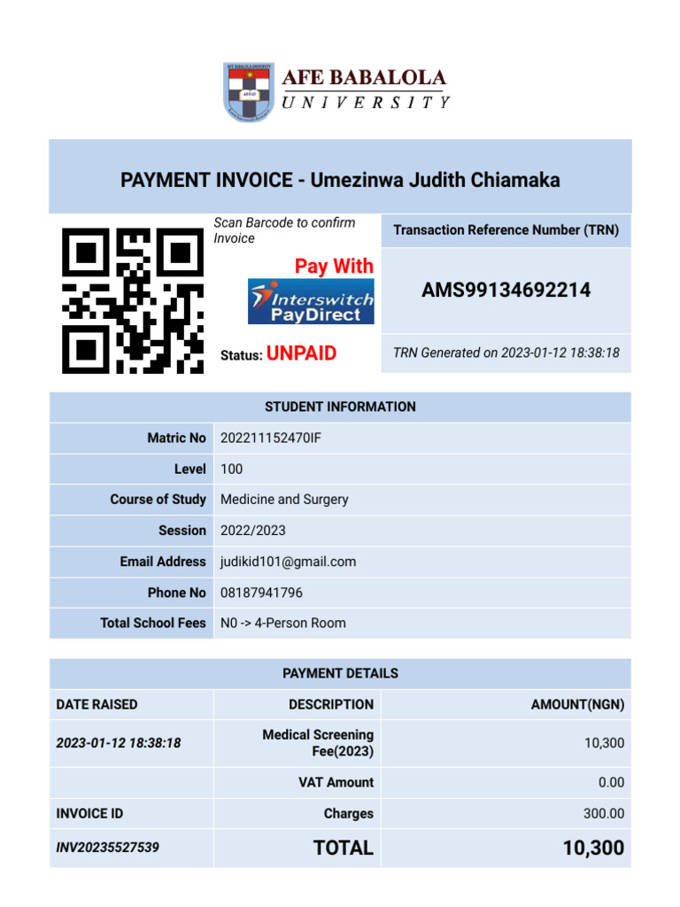 Payment Invoice - Afe Babalola University (3) | PDF