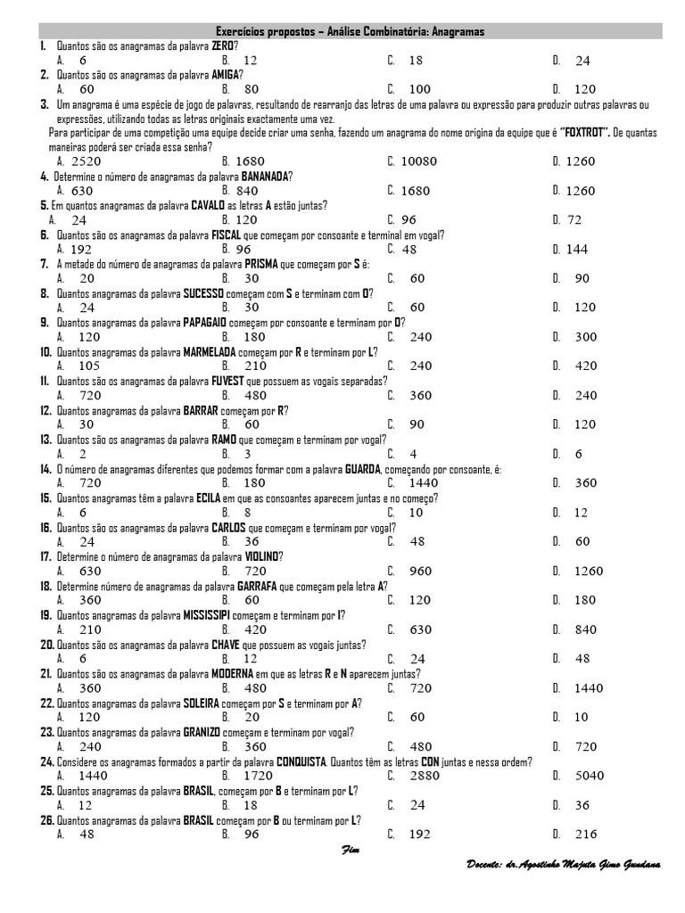Exercícios de Anagramas e Combinatória | PDF
