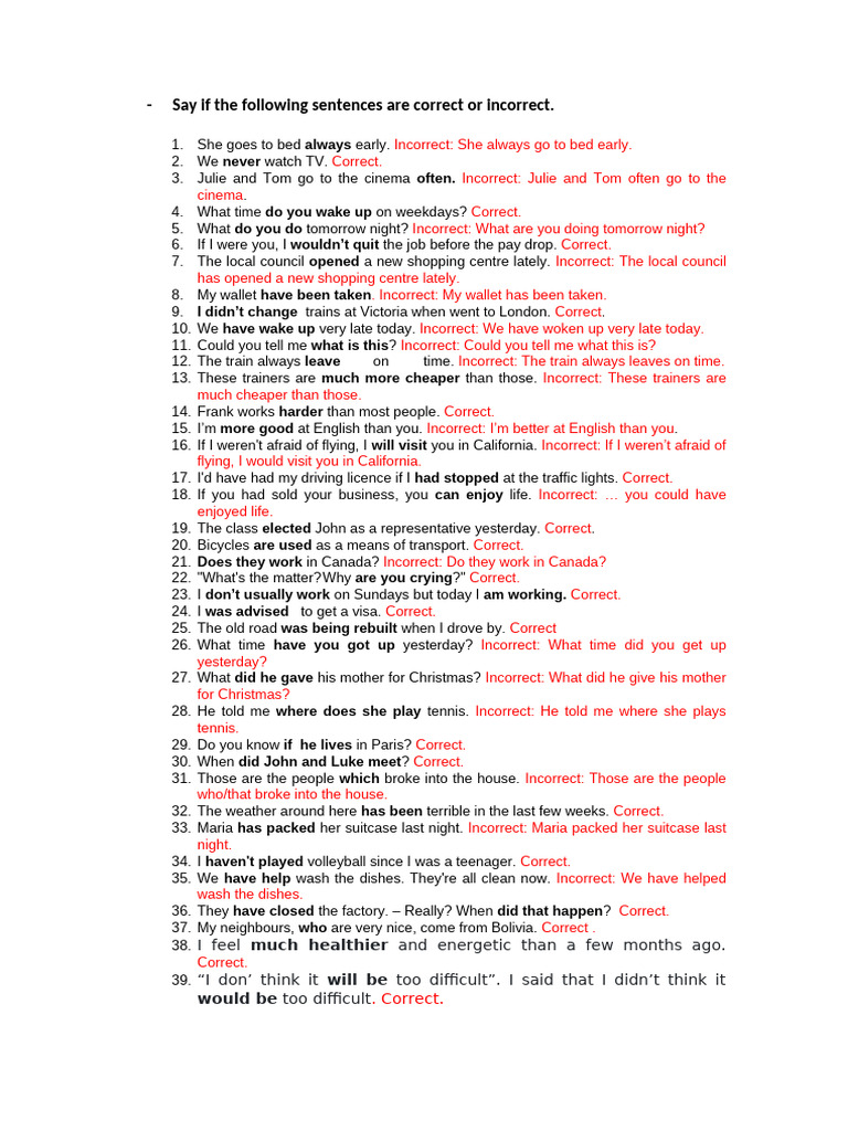 Grammar Correction Guide: Correct vs. Incorrect | PDF