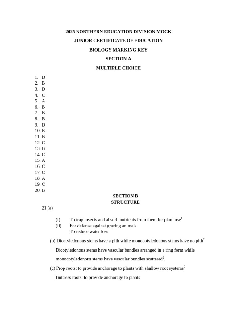 Biology Marking Key For 2025 Jce | PDF | Root | Blood Donation