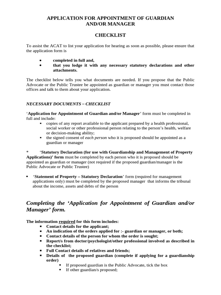 Guardian and Manager Application Checklist | PDF | Public Law | Justice