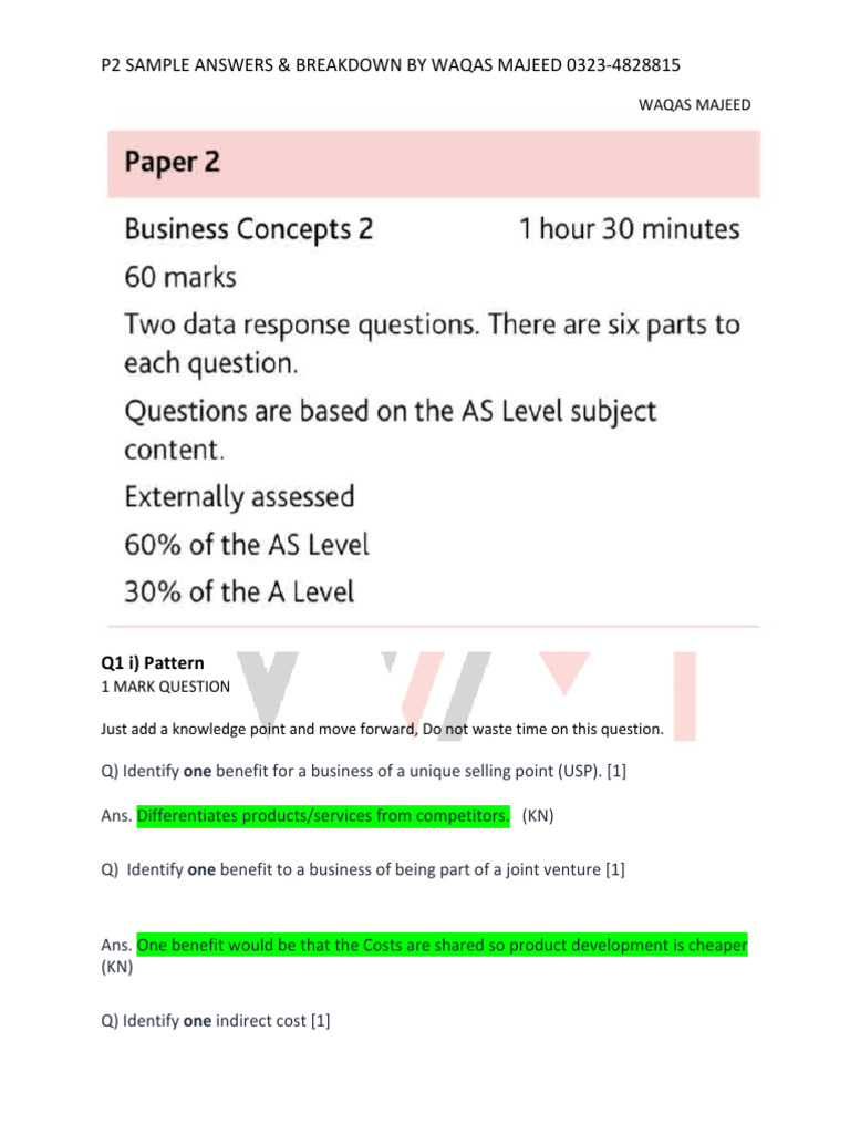 P2 Business Exam Sample Answers Guide | PDF | Employment | Marketing