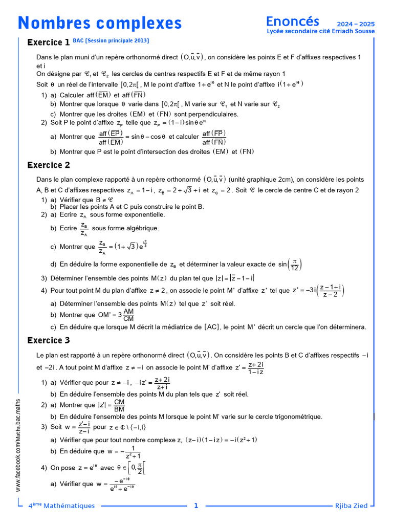 Nombres complexes : Exercices et solutions | PDF | Nombre complexe | Cercle