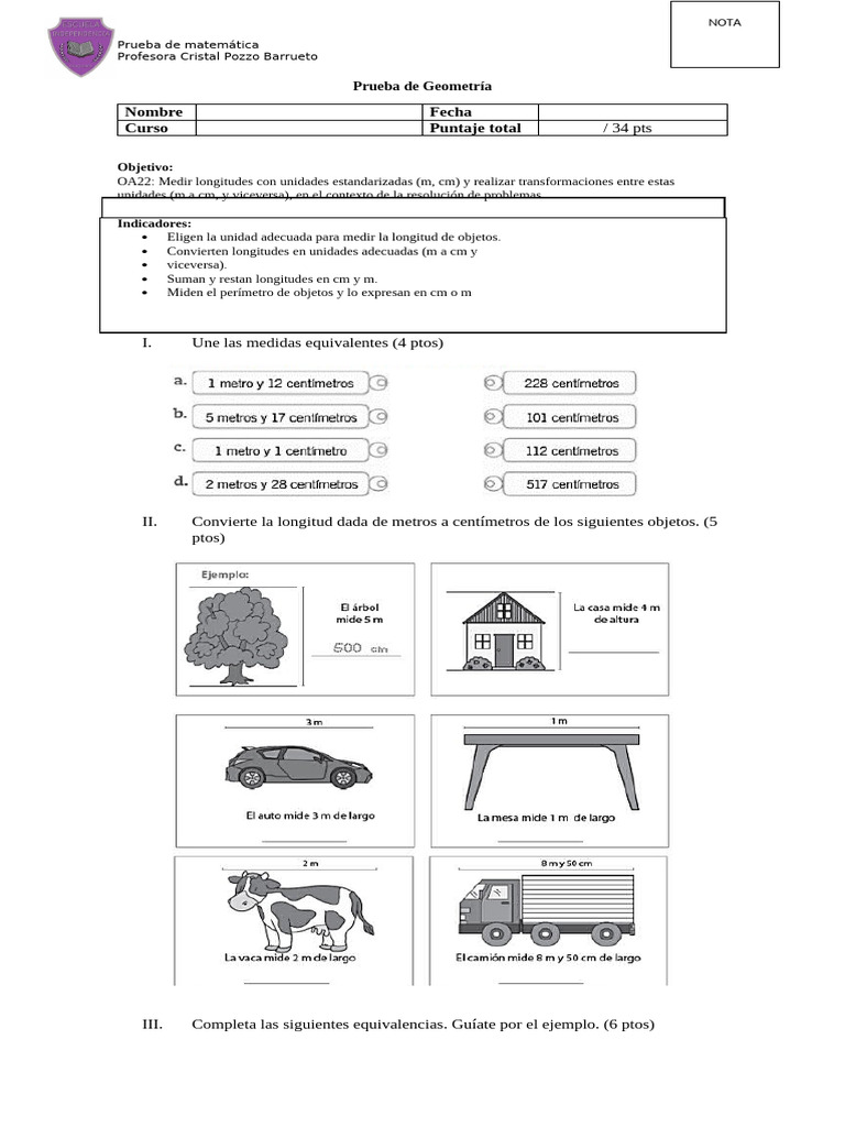 Prueba De Geometría Medición Y Conversión Pdf 