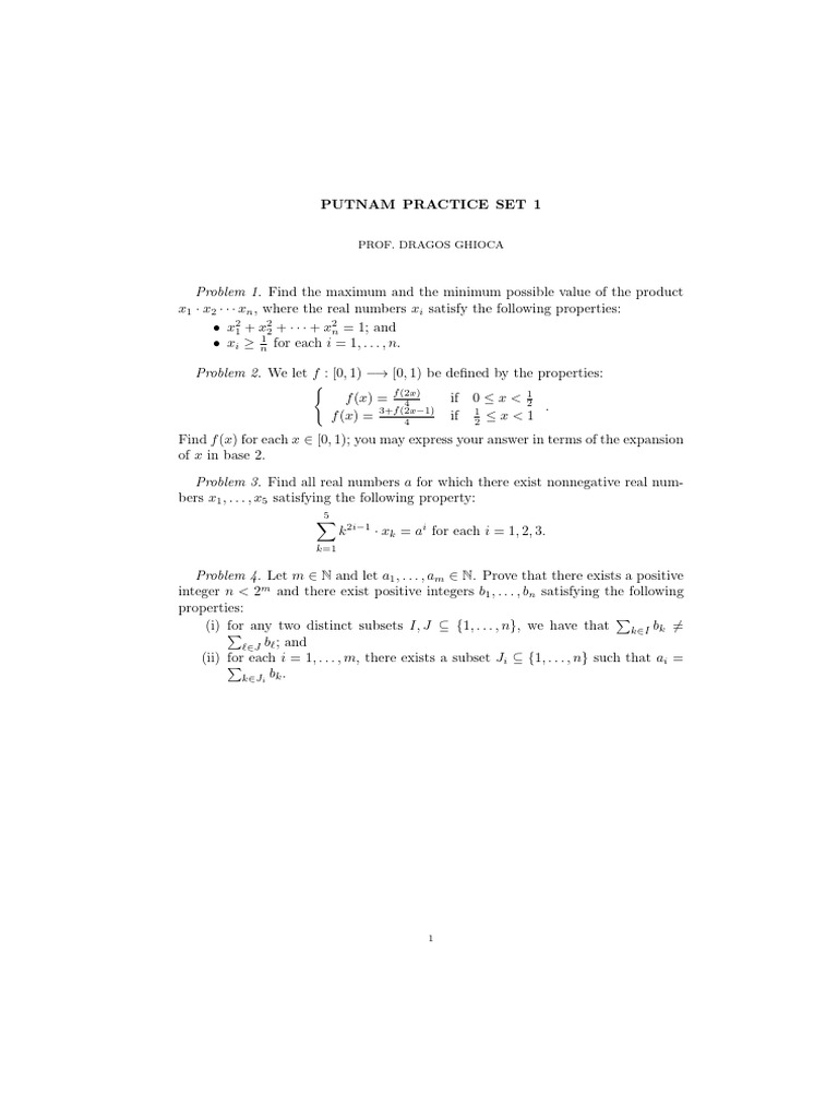 Putnam Practice Set 1 Problems | PDF