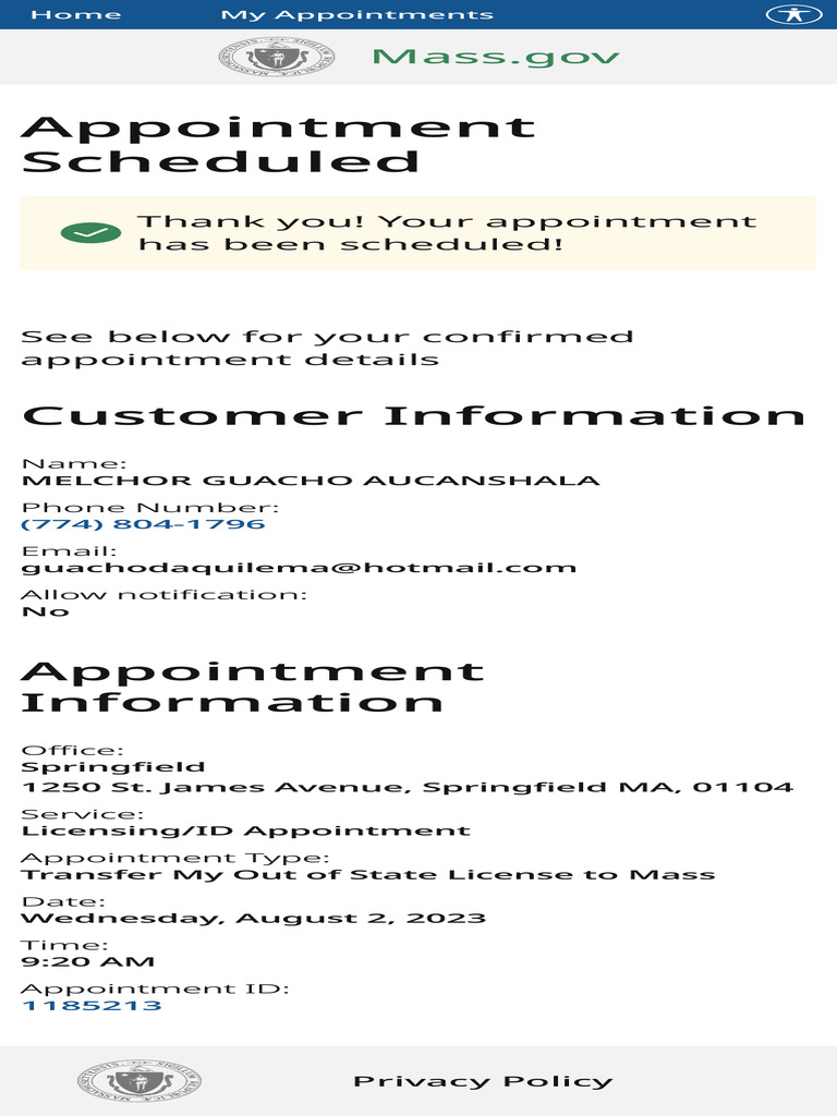 Confirmed Licensing Appointment Details | PDF