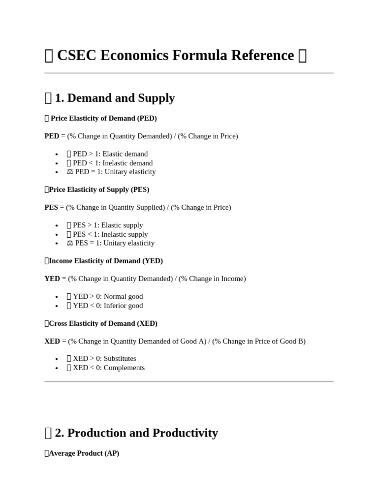 CSEC Economics Formula Guide | PDF | Demand | Price Elasticity Of Demand