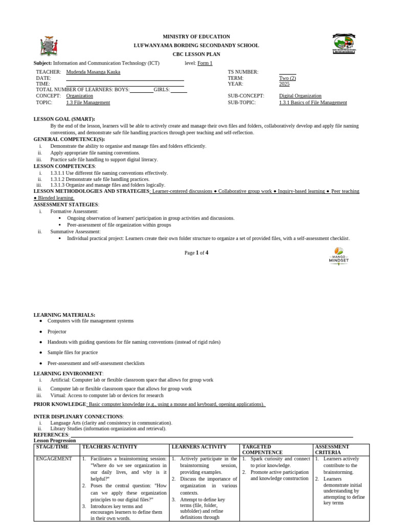Form 1 ICT Lesson Plan: File Management | PDF | Learning | Educational ...