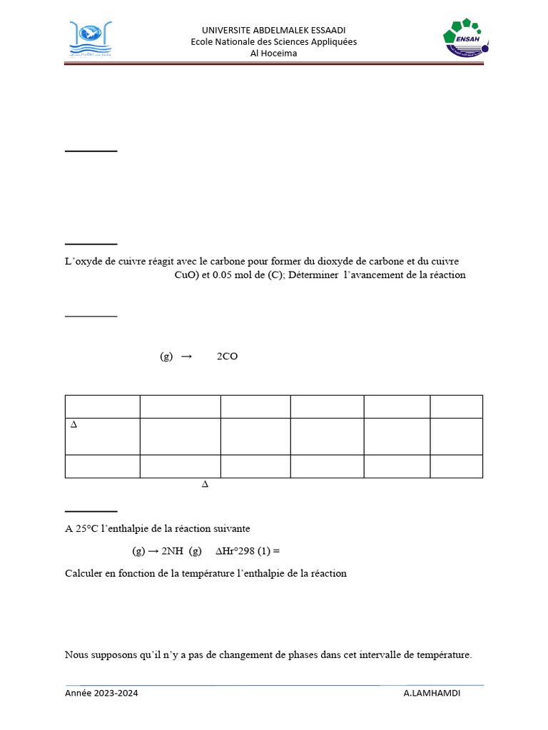 TD de Thermochimie et Exercices Corrigés | PDF | Enthalpie | Physique