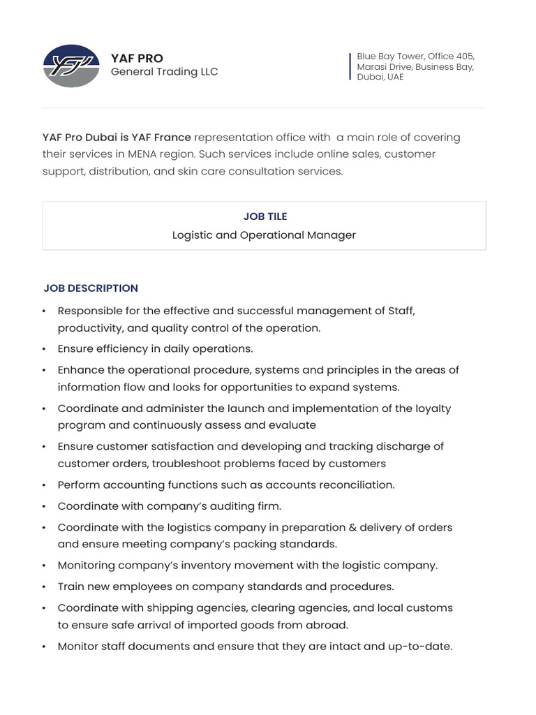 Logistic and Operational Manager - Yaf Pro | PDF | Logistics | United ...