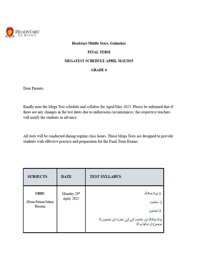 Grade 6 Mega Test Schedule April-May 2025 | PDF