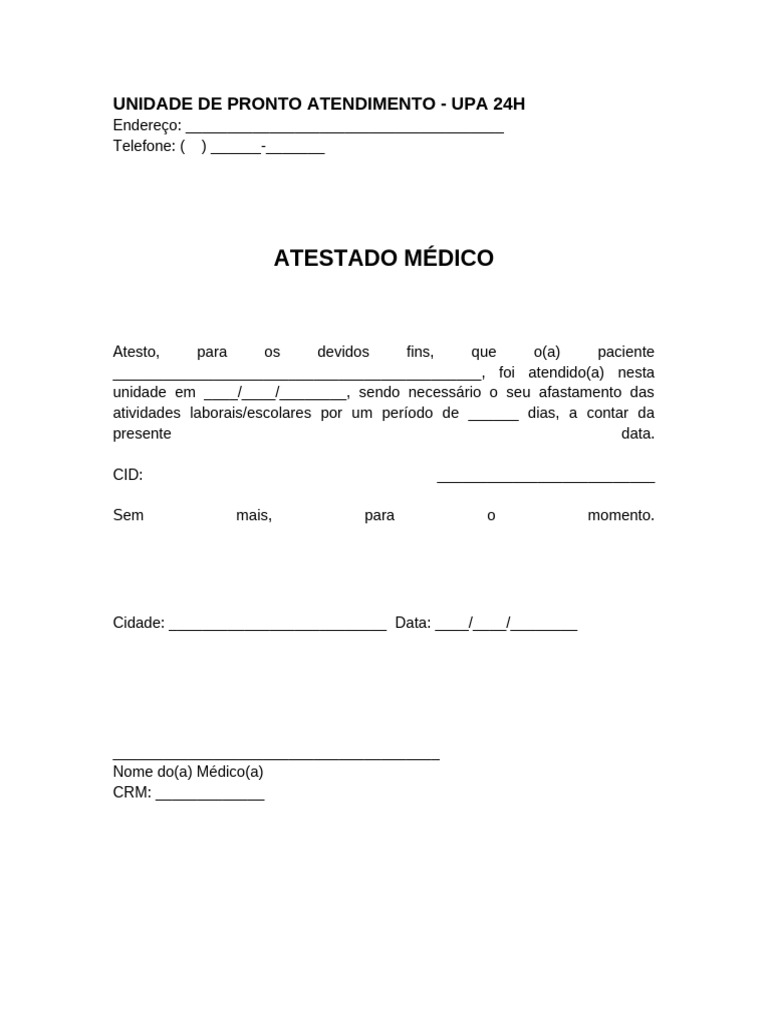 Atestado Médico UPA 24H Modelo | PDF