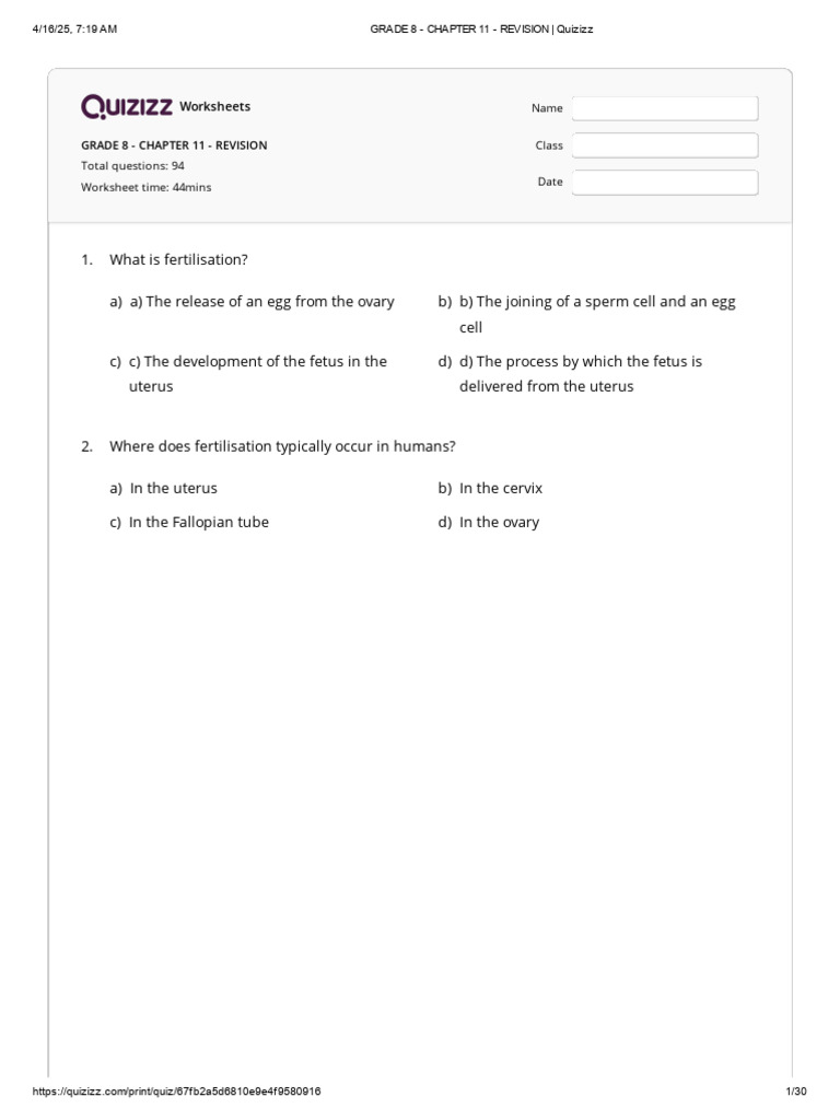 Grade 8 - Chapter 11 - Revision | PDF | Uterus | Fertilisation