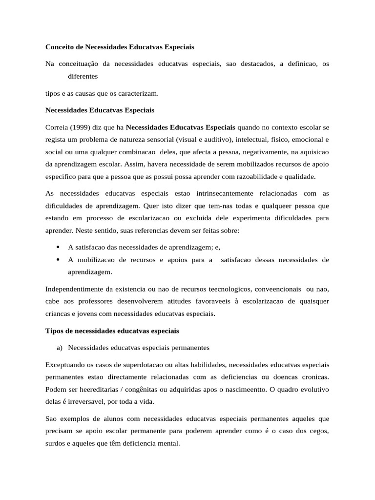 Necessidades Educativas Especiais | PDF | Aprendizado | Deficiência