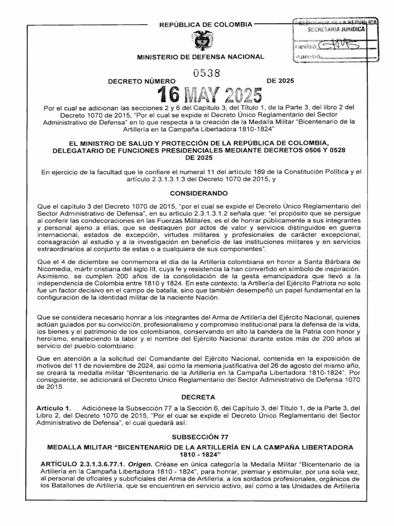 Decreto 0538 Del 16 de Mayo de 2025 | PDF | Artillería | Colombia