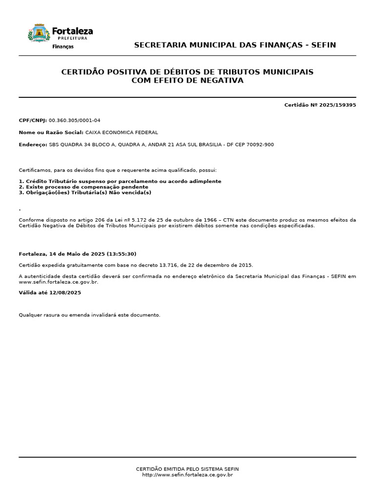 Certidão Positiva de Débitos Municipais | PDF