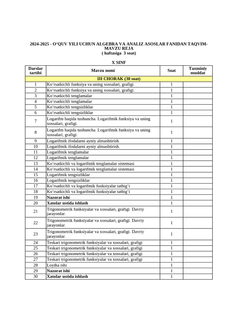 10 Sinf Algebra TMR 3-Chorak | PDF