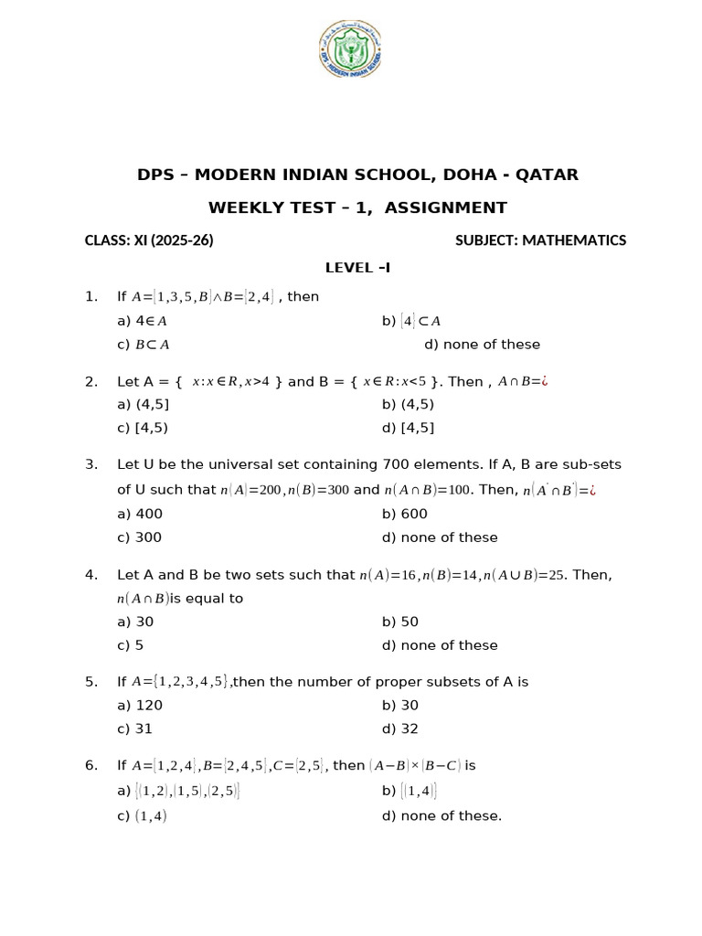 Class XI Mathematics Weekly Test 2025-26 | PDF