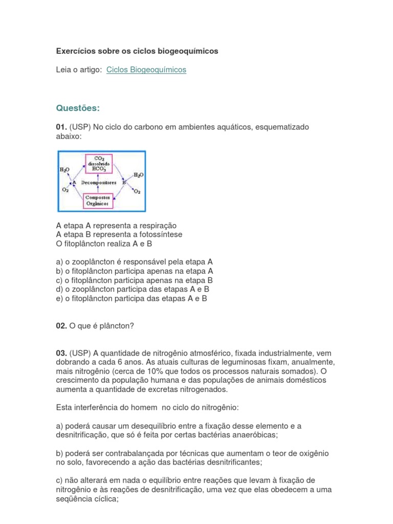 Exercícios sobre Ciclos Biogeoquímicos | PDF | Nitrogênio | Carbono