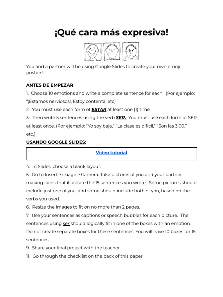 Ser vs. Estar Comic Selfie Project | PDF | Languages | Foreign Language ...