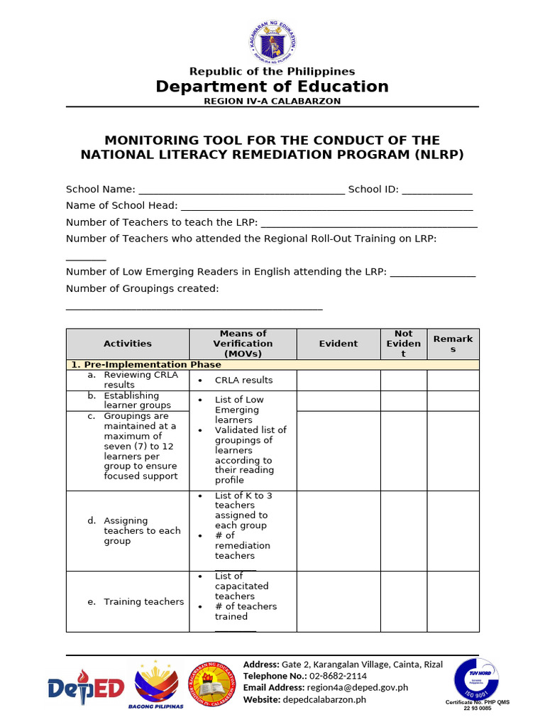 NLRP Monitoring Tool for DepEd Schools | PDF | Reading Comprehension ...