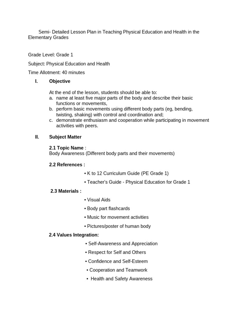 Grade 1 Body Awareness Lesson Plan | PDF | Physical Education | Learning