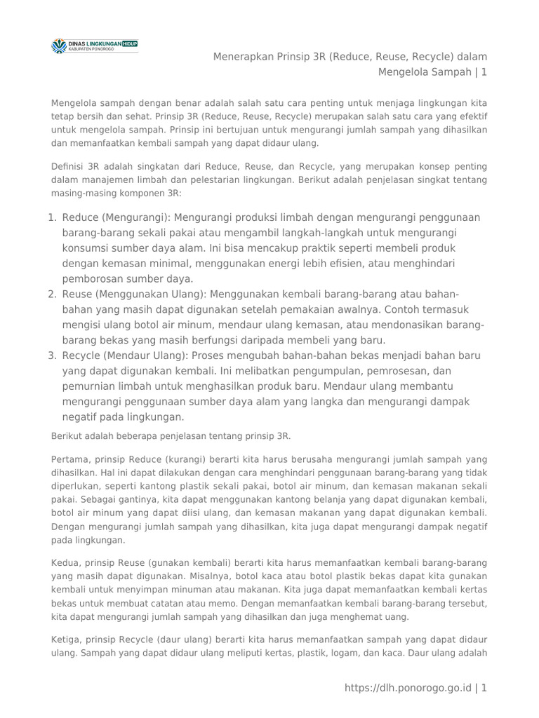 Menerapkan Prinsip 3R (Reduce, Reuse, Recycle) Dalam Mengelola Sampah | PDF