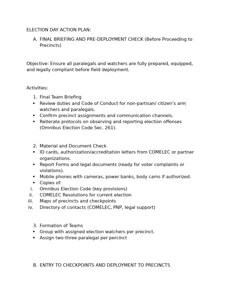 Election Day Action Plan for Monitors | PDF | Elections | Paralegal