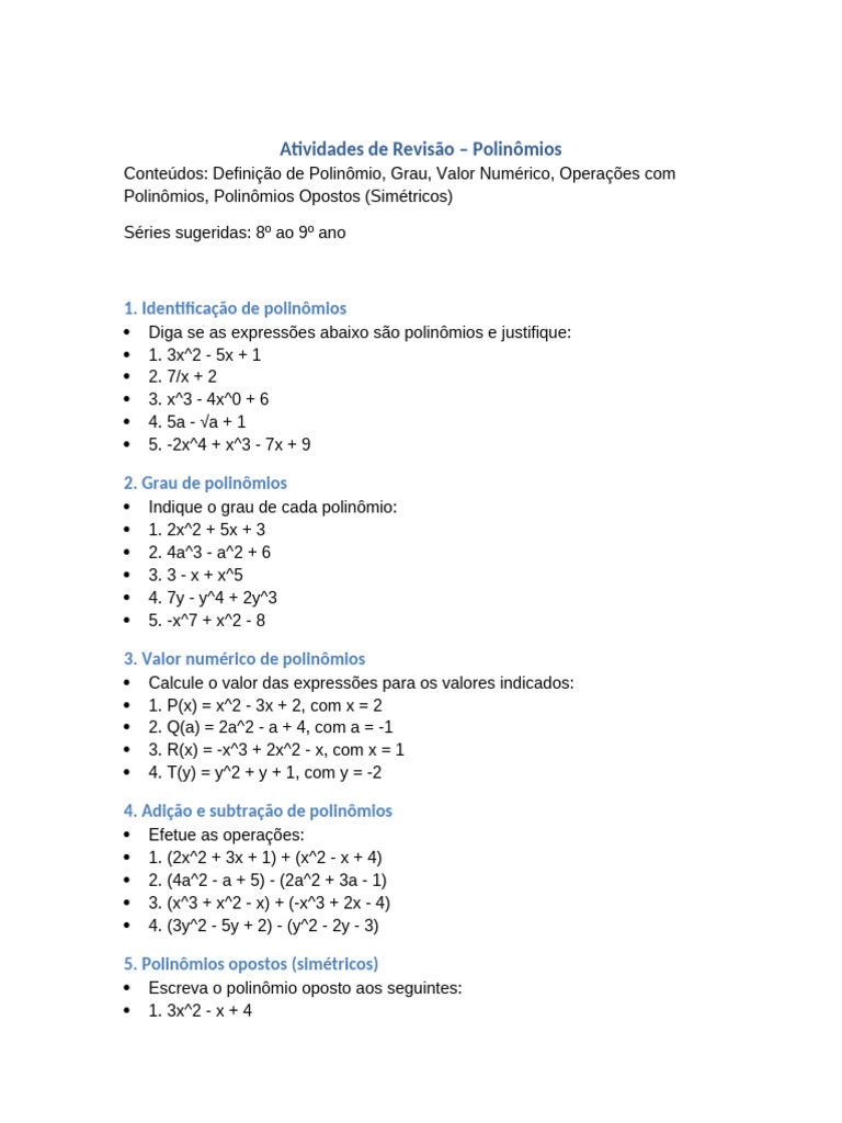 Revisão de Polinômios para 8º e 9º Ano | PDF