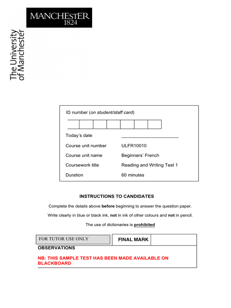 ULFR10010 - Beginners French - Sample Written Test - Sem 1 | PDF