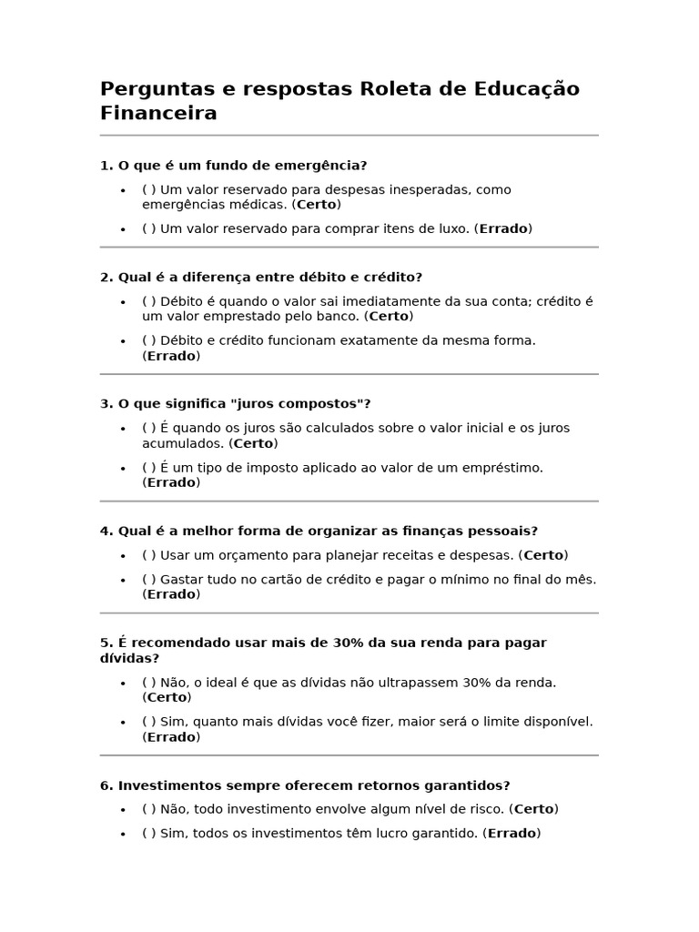 Roleta de Perguntas sobre Educação Financeira | PDF