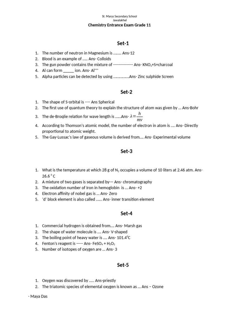 Chemistry Entrance Exam | PDF | Atoms | Gases