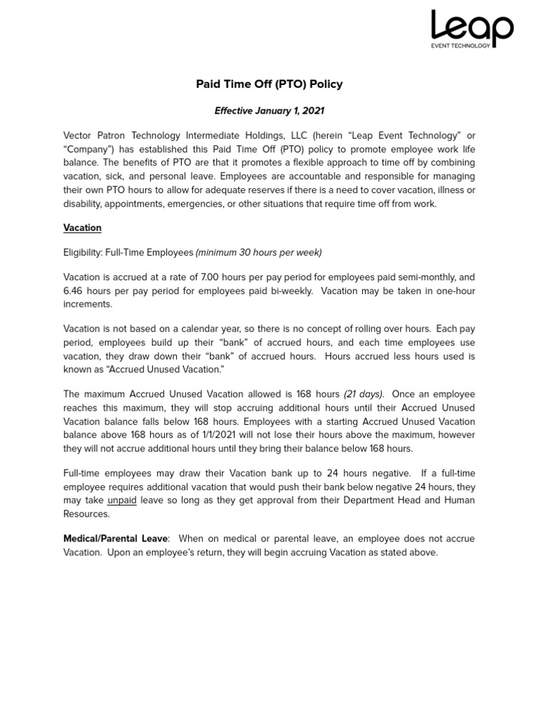 Leap Event Technology PTO Policy | PDF | Labor | Employee Relations