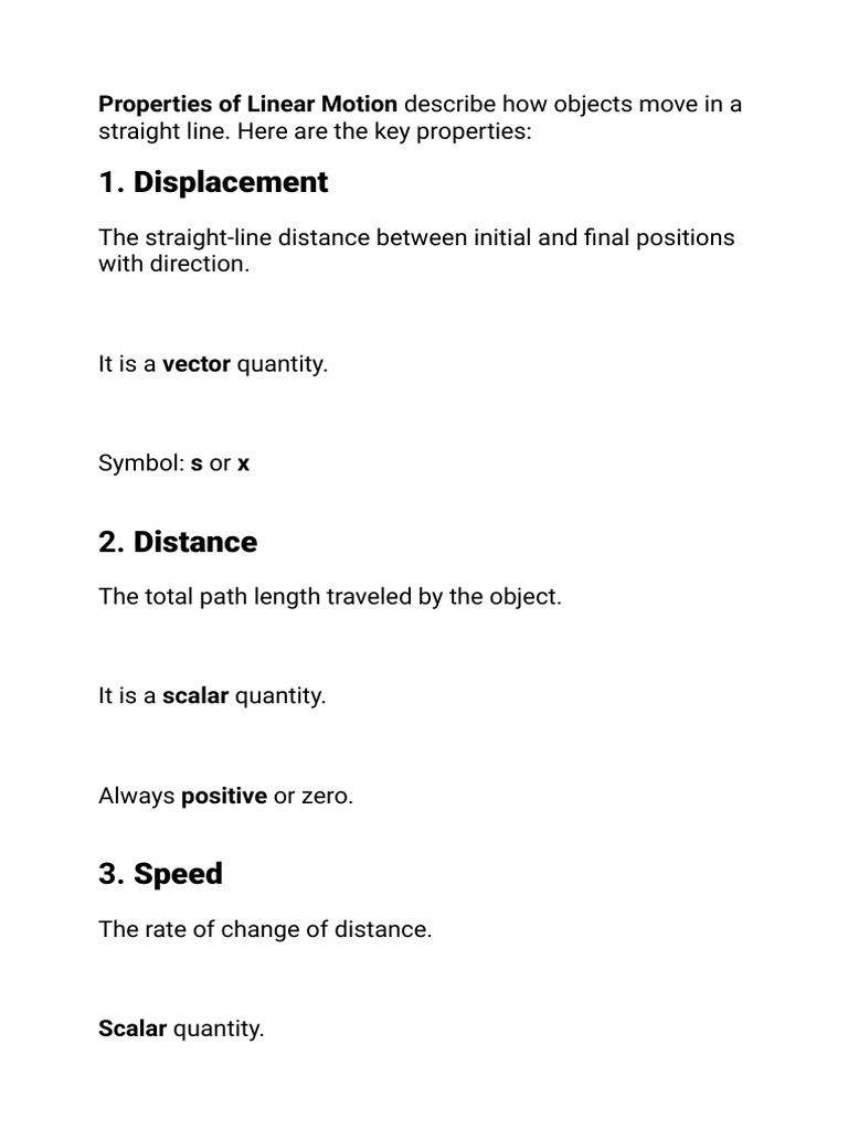 Key Properties of Linear Motion | PDF