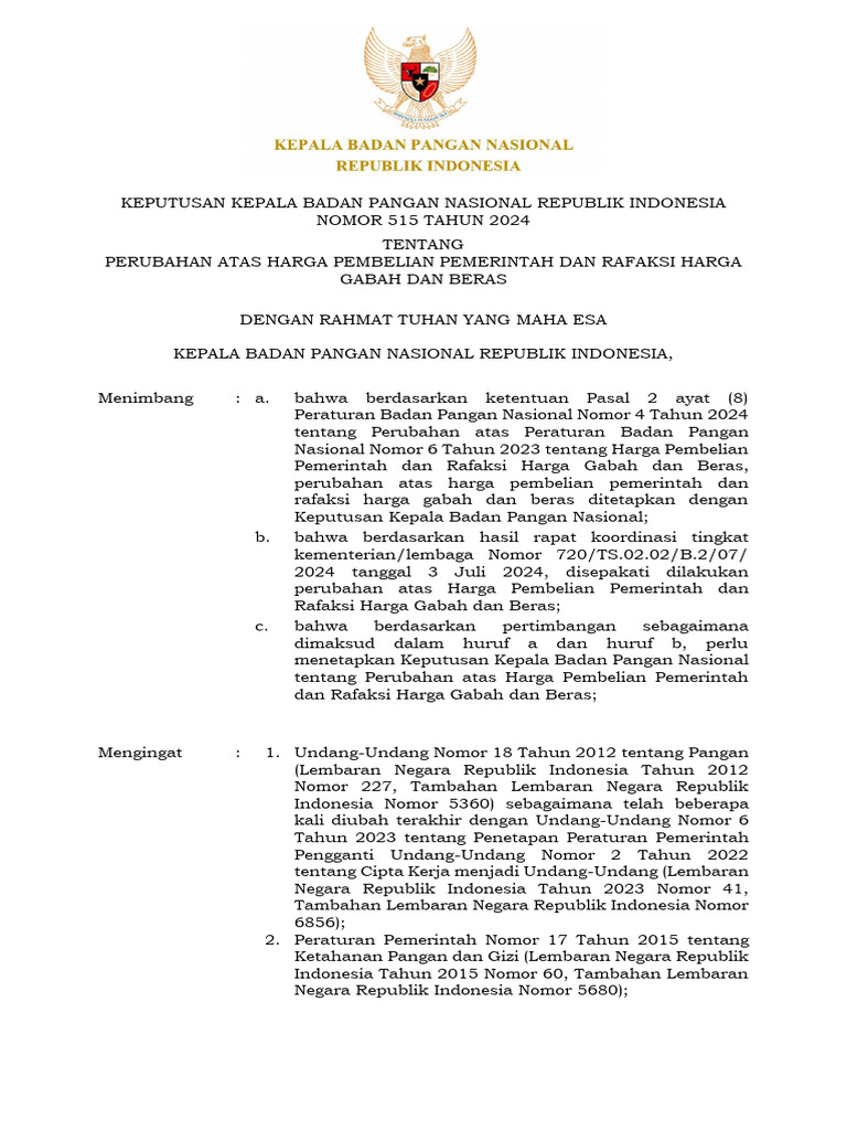Perubahan Rafaksi Harga Gabah dan Beras | PDF