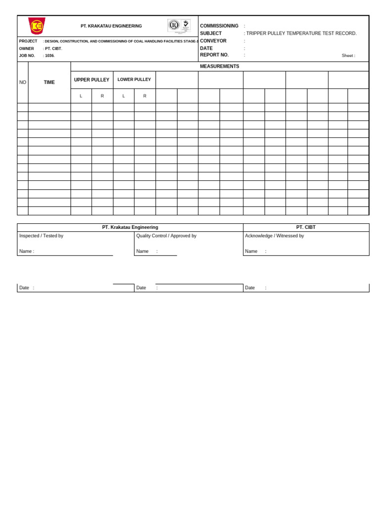Tripper Pulley Temperature Test Record | PDF