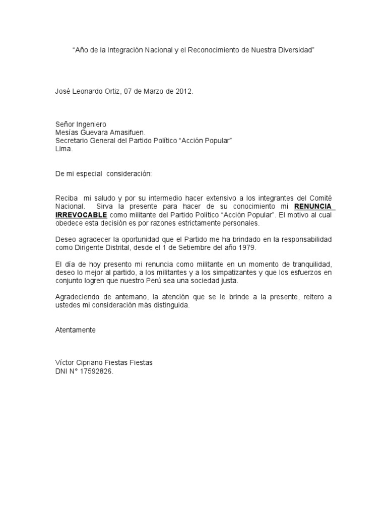 Modelo De Solicitud De Renuncia A Un Cargo Vários Modelos